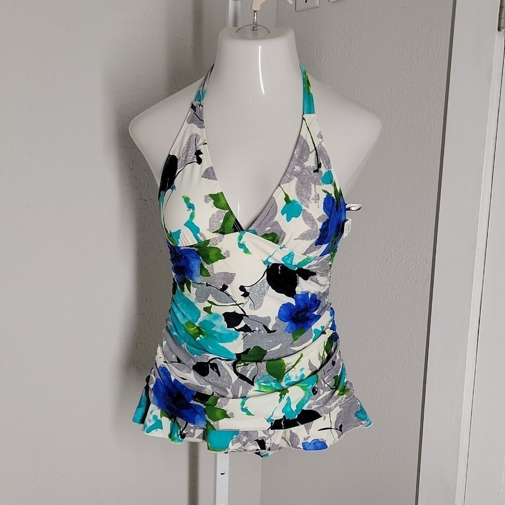 Simply Slim Ruched One-Piece Slimming Halter Swimsuit ~ Sz 10 ~ Blue & White